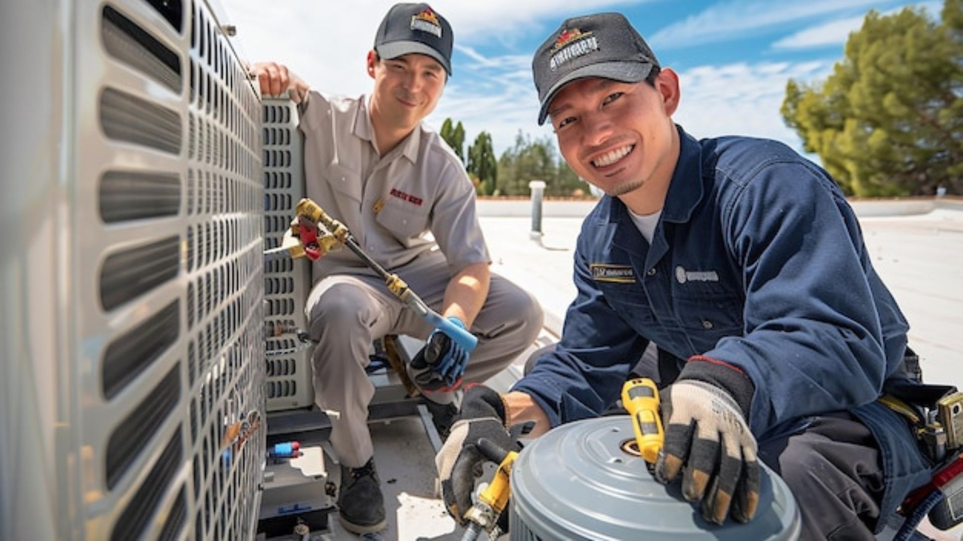 Technician servicing HVAC system in a commercial property