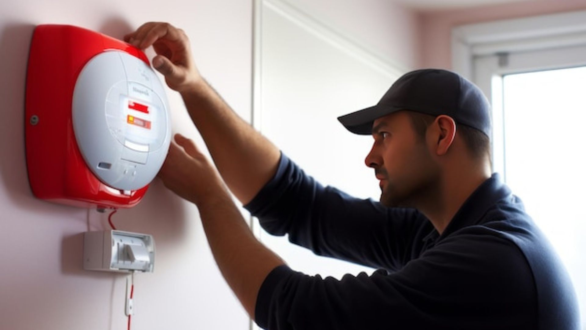 Technician repairing safety equipment in a commercial building