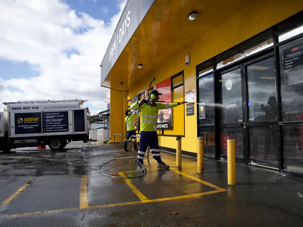 Commercial building exterior cleaning in New Zealand by Sun SoftWash